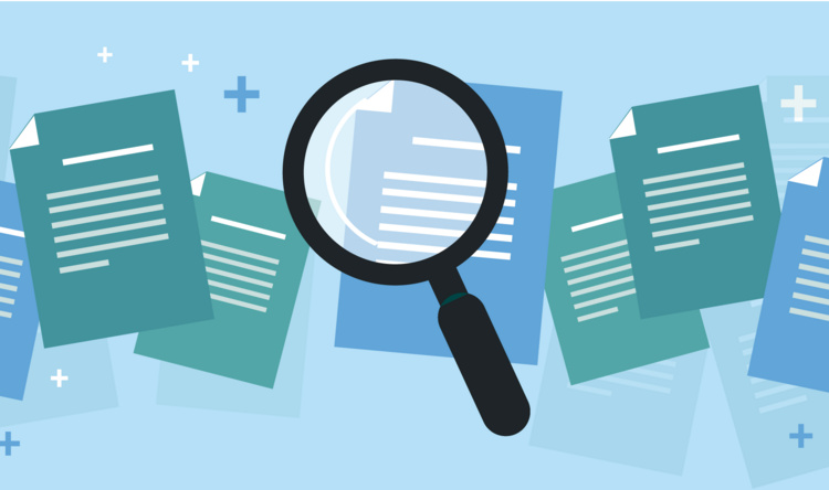Graphic of a magnifying glass with various articles in the background.