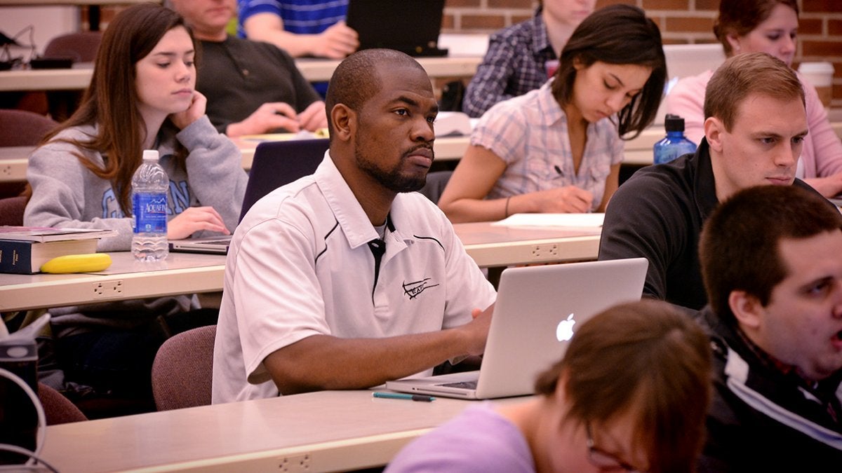 Students listen as Donald Hornstein teaches a class at the School of Law at UNC-Chapel Hill.