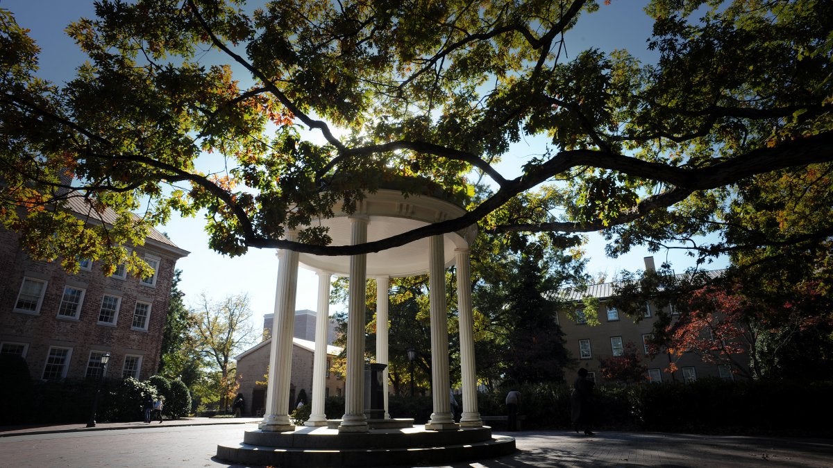 View from behind the old well with the sun coming through the trees