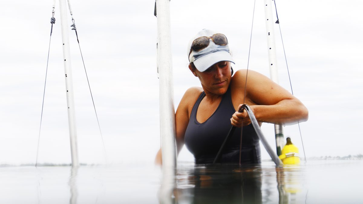 Marine Sciences doctoral student Carter Smith turns a crank on some research equipment as she stands in water near the N.C. coast.
