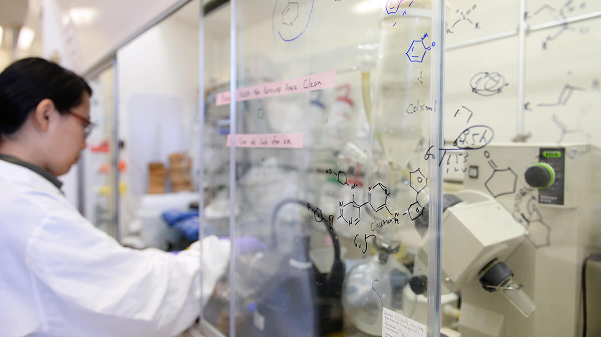 A researcher works in a lab hood.