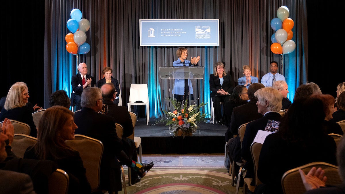 Chancellor Carol L. Folt speaks on stage.