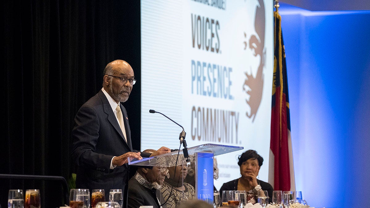 Reginald Hildebrand speaks at the MLK Banquet.