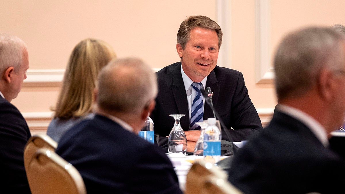 Interim Chancellor Kevin Guskiewicz talks at the Board of Trustees meeting.