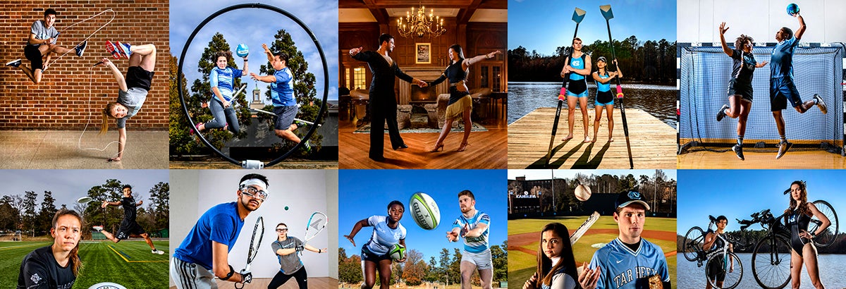 A collage of students playing sports.