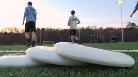 Frisbees on the ground.