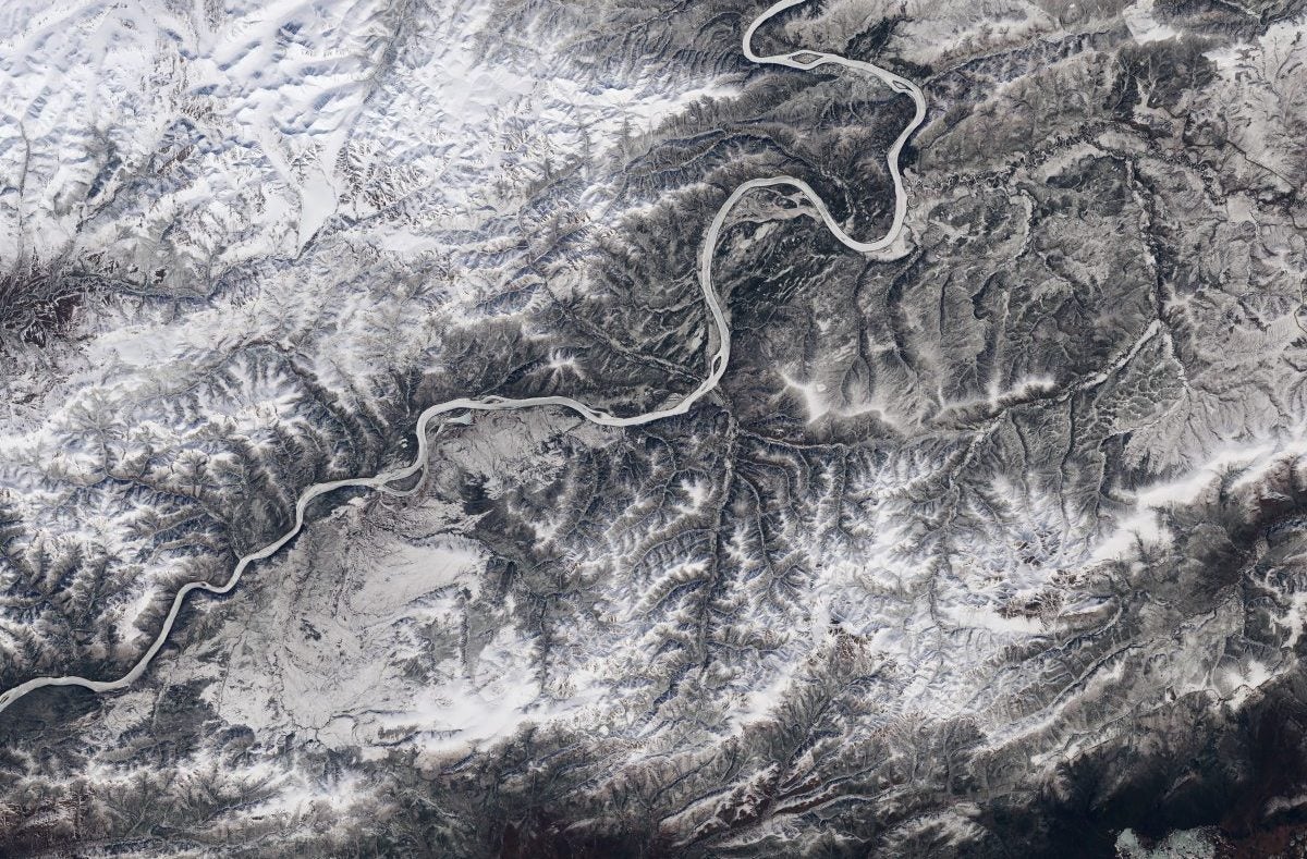 Ice cover on the Yukon River approaching its confluence with the Tanana River in Alaska