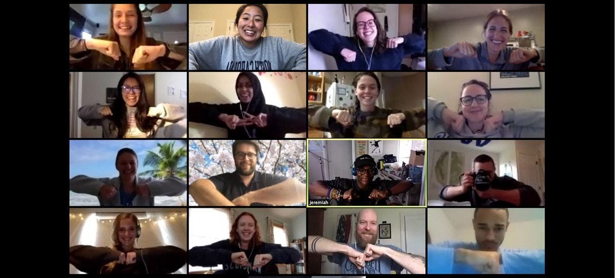 A screenshot of a video chat with 17 people.