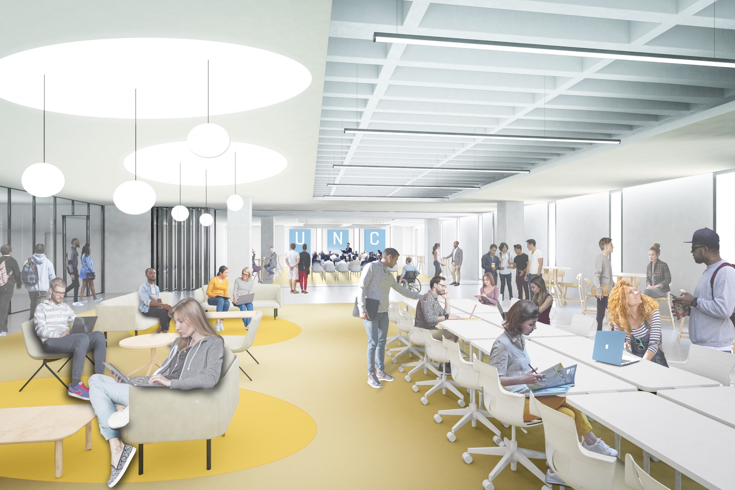 A proposed plan of the new Undergraduate Library renovtion with a long table with chairs.