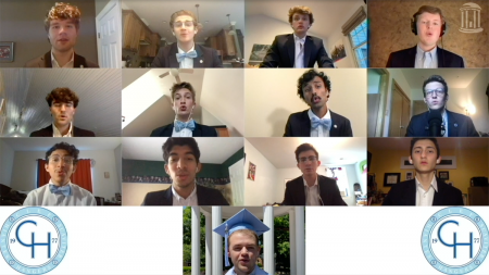 A screenshot of a zoom call where students sing together with 