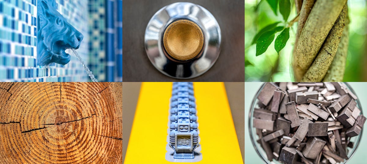 A collage of photos that includes a sculpture of a lion head as a fountain; a silver and brass button on the Old Well; branches of a tree wrapping around each other; the rings of a cut tree trunk; blue 3D printing robots in a line; and a cup of steel pieces from a letter press.