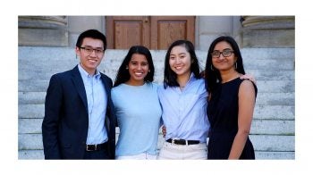 Sean Nguyen, Aditi Adhikari, Selina Shi and Preeyanka Rao in front of Wilson Library.