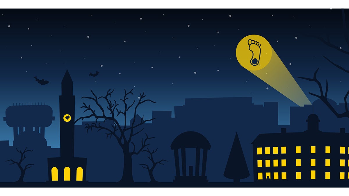 A cartoon graphic of Carolina's campus with a light in the sky with the Tar Heel logo.