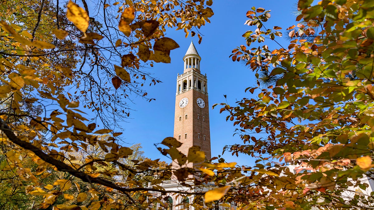UNC Bell Tower peaking through trees