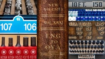 A collage of photos including metal lettertypes, a section sign of Kenan Stadium, drill bits, the spine of a book, the 