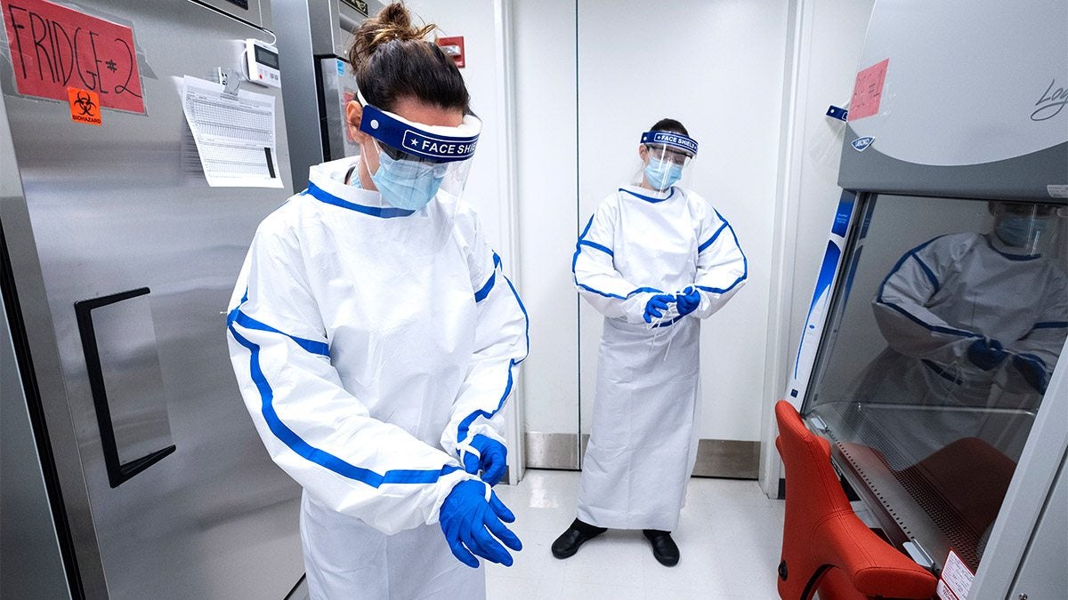 Two researchers in white lab gear work in a covid-19 testing lab.