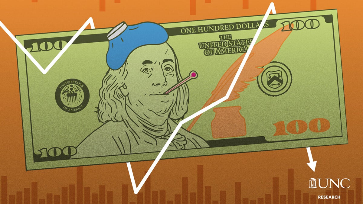 A graphic of a $100 bill with Ben Franklin looking sick.