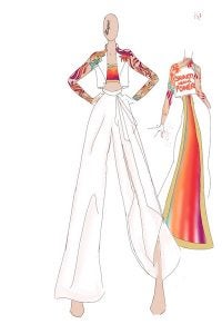 A female model dons white pants and a color crop top.