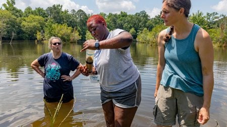 Three women standing in a lake collecting water samples.