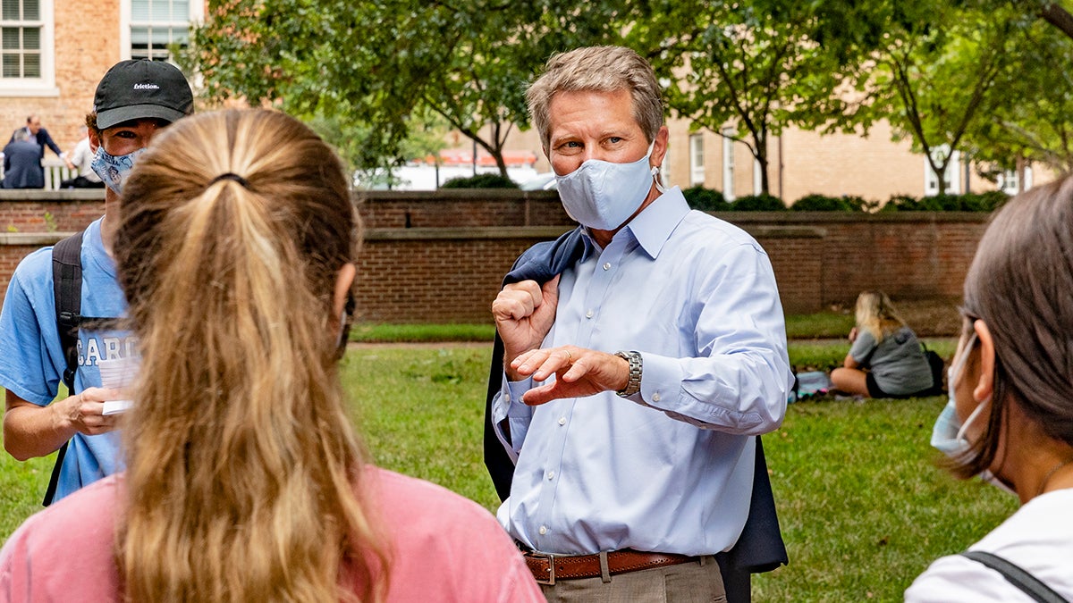 The Chancellor talks with students.