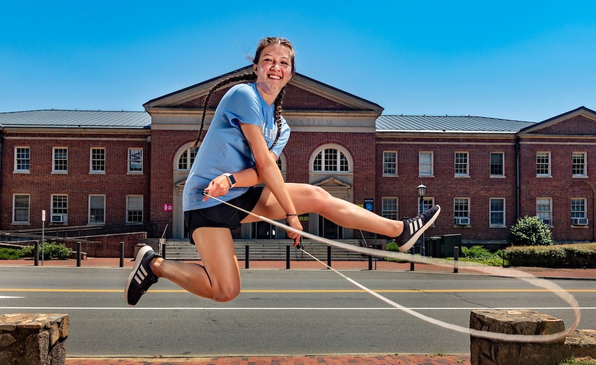 Sarah Pascal jumping with a jump rope.