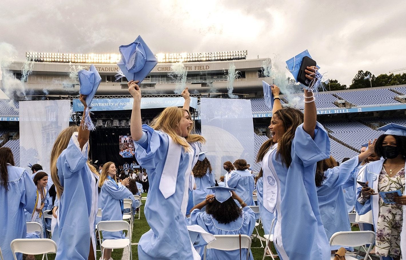 Students celebrate in Kenan Stadium.