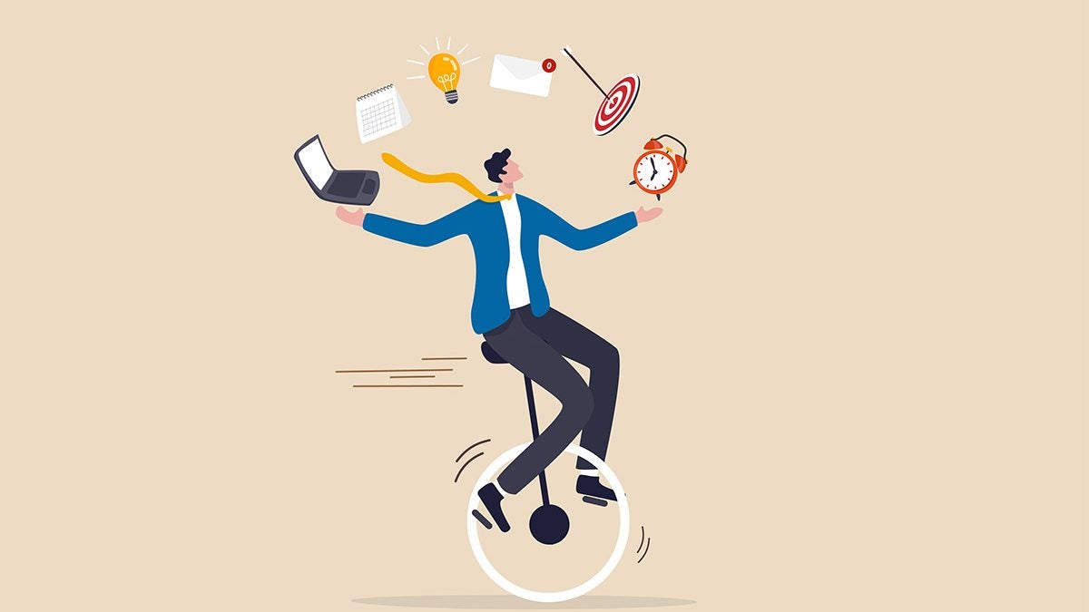 A cartoon of a man balancing on a unicycle and juggling tasks.