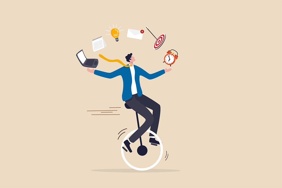 A cartoon of a man balancing on a unicycle and juggling tasks.