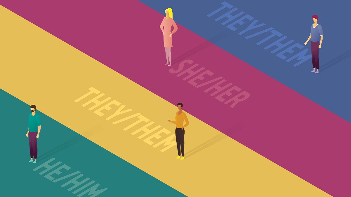 Illustrated people on colorful backgrounds with their pronouns written next to them