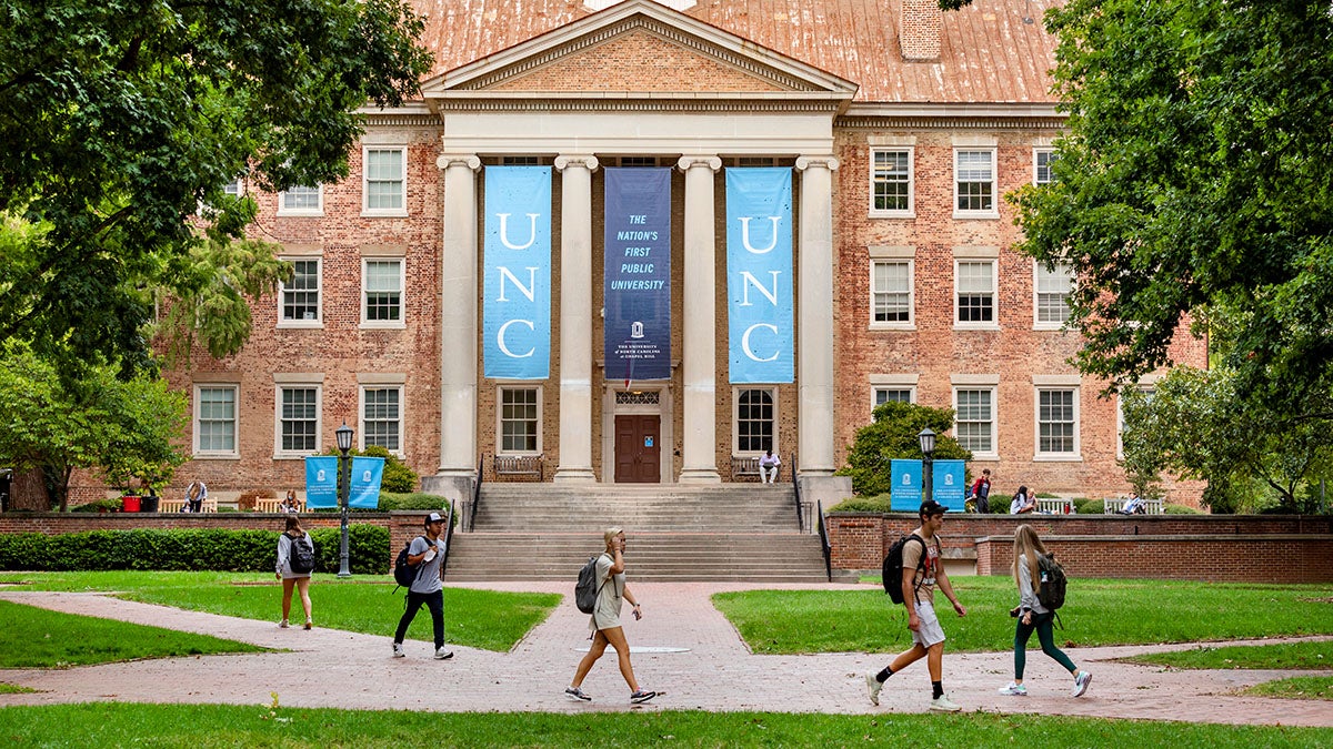 Students walking past South Building.