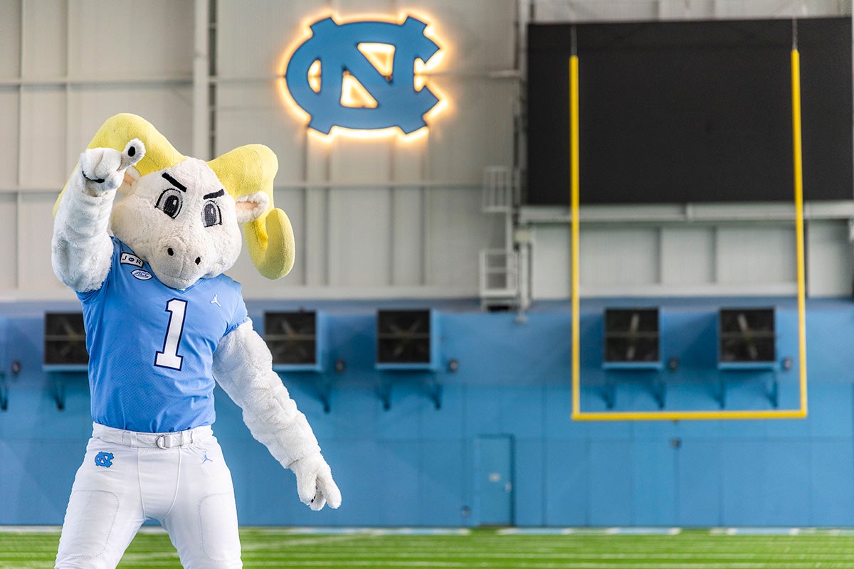 Rameses in the football practice facility.
