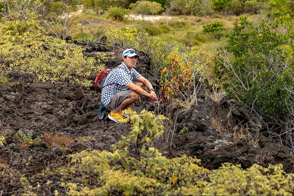 A person kneeling in a field.