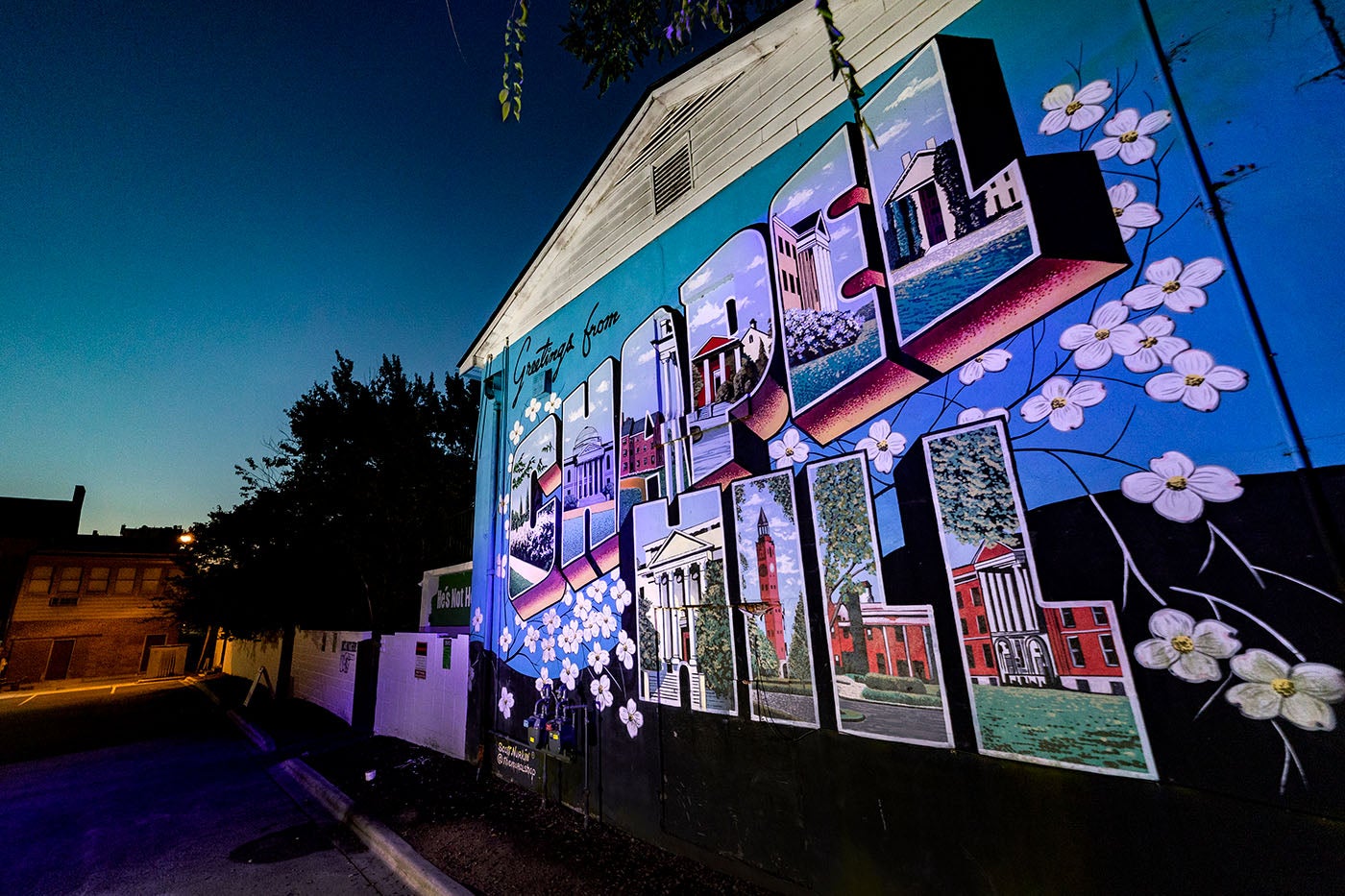 A mural of a chapel hill post card.