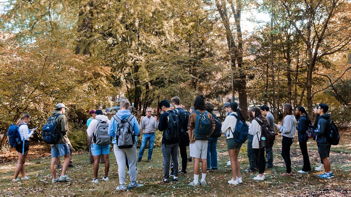 People standing in a garden.