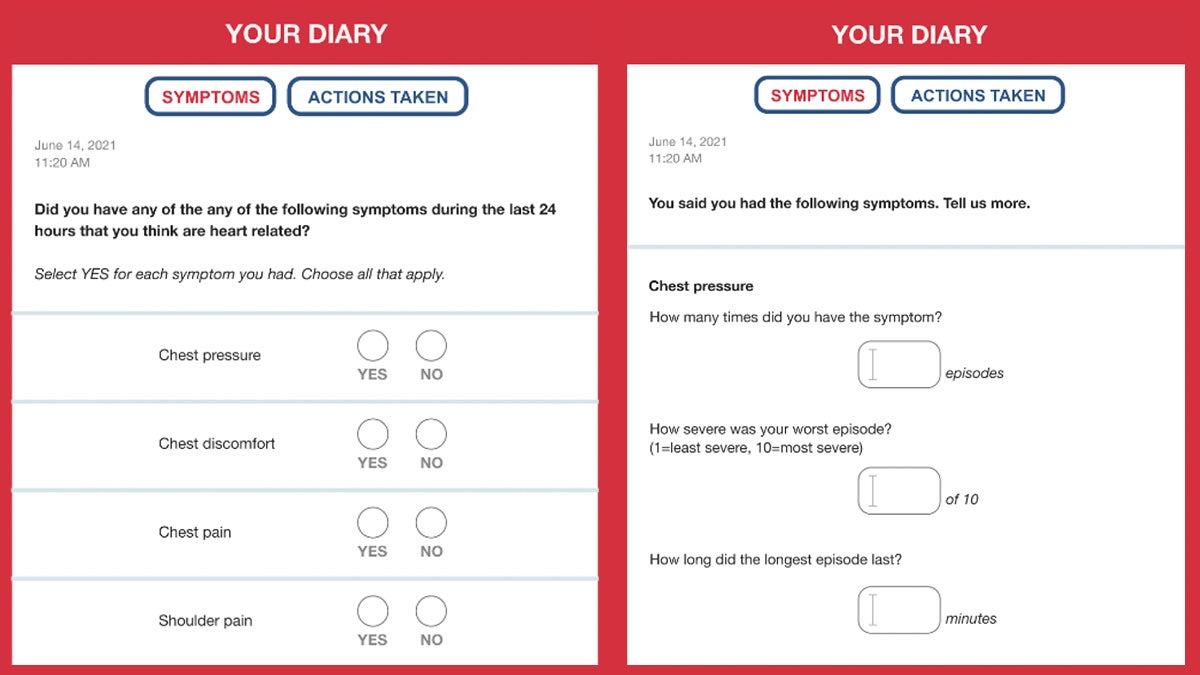 A screenshot of a diary that tracks heart attack symptoms.