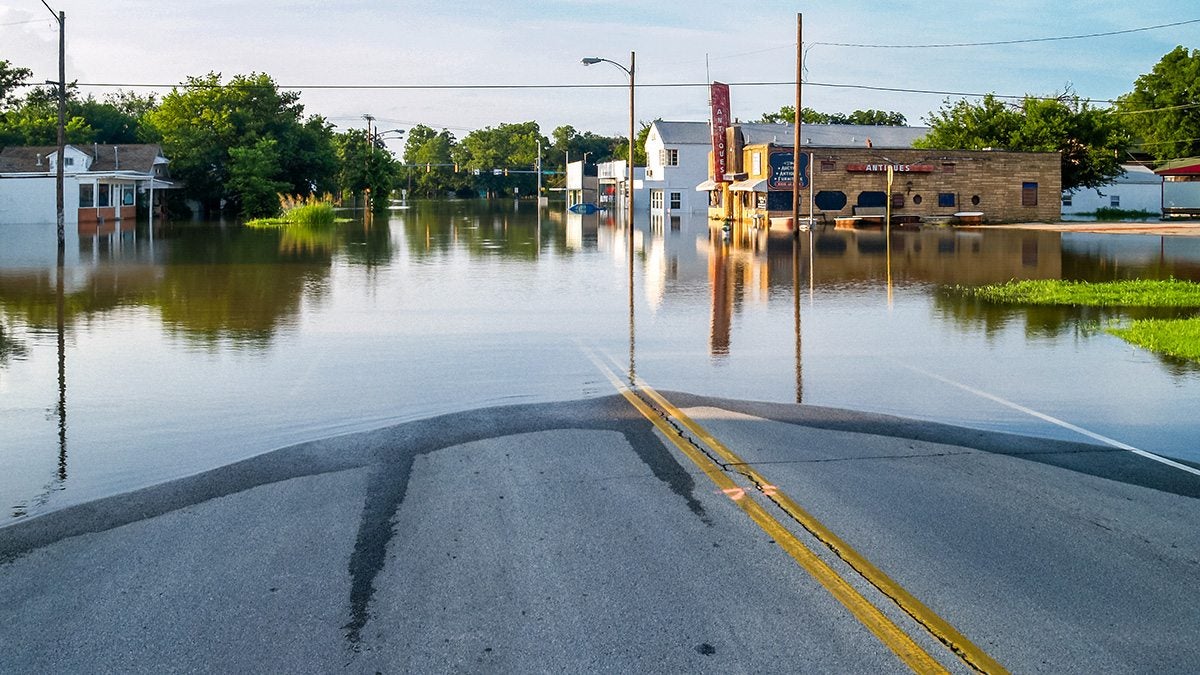 A flooded street.