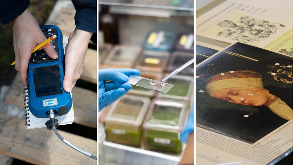 A collage of science equipment and art work