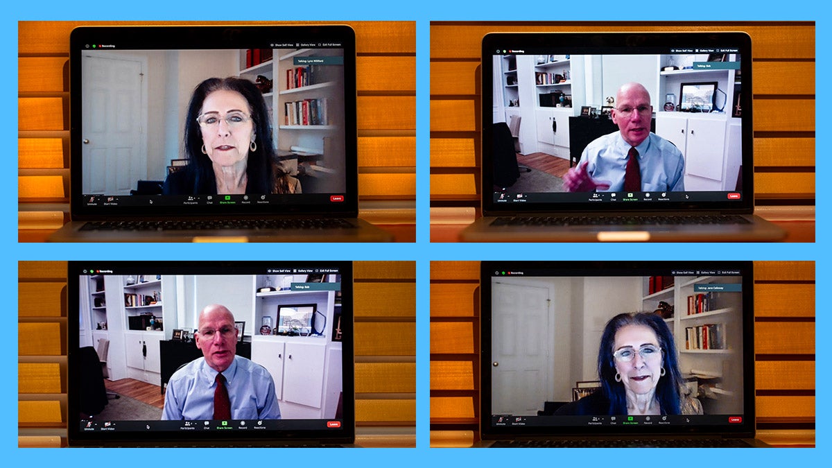 Four people appear on a computer screen.
