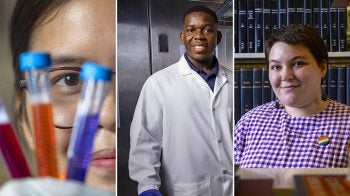 A three-photo collage: Jackqueline Nguyen holding three test tubes in front of her face; Jerald Whitley Jr. standing in the cold room of a lab; and Elias Horowitz looking at the camera through a stack of books on a shelf.