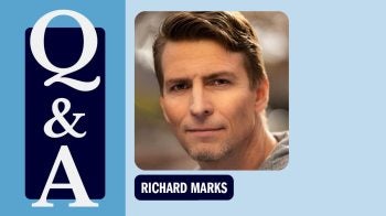 Headshot of Richard Marks surrounded by Carolina Blue and text that reads 