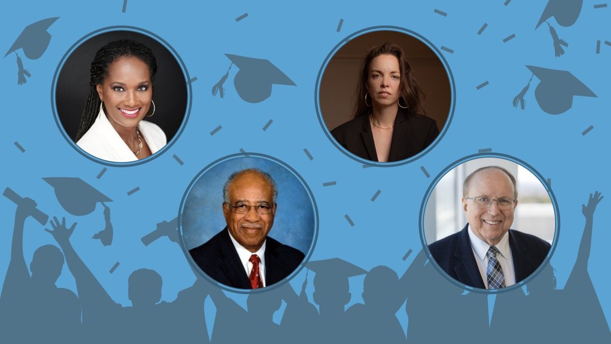 Headshots of honorary degree recipients all against Carolina Blue backdrop with students throwing graduation caps silhouetted.