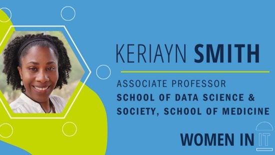 Graphic with photo of Keriayn Smith and text of her name, job title (Associate Professor, School of Data Science and Society, School of Medicine) and 