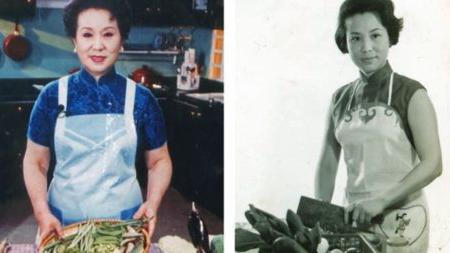 两张傅佩梅在她的电视节目中做饭的照片.