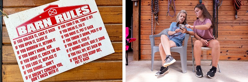 Diptych with photos of a sign reading "Barn Rules" with a list of rules and a photo of a woman, Rylea Suddreth, sitting down and looking at something on her phone with her mother, Julie Suddreth