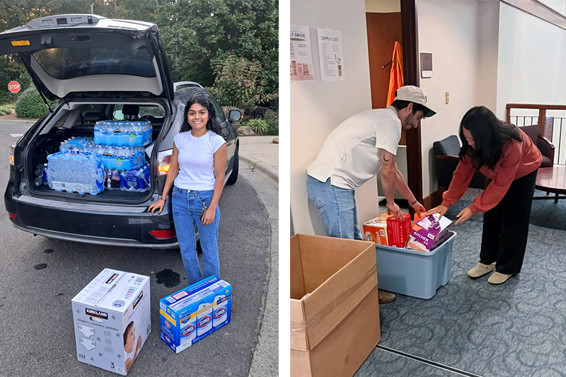 Two-photo collage of UNC-Chapel Hill law students holding a supply drive for Hurricane Helene relief.