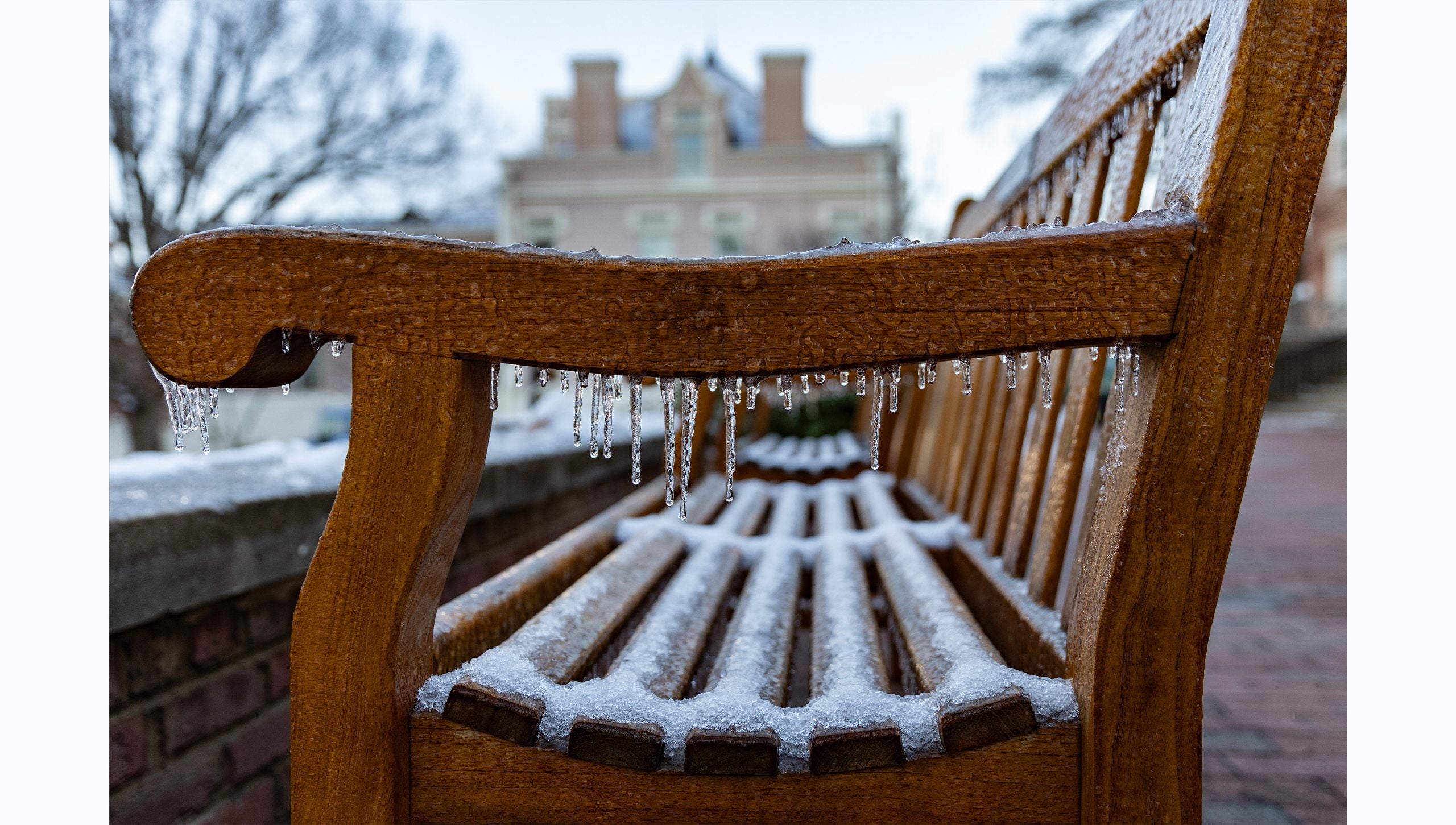 Close-up image of a wooden bench on the campus of U.N.C Chapel Hill covered with snow and icicles hanging of the side.