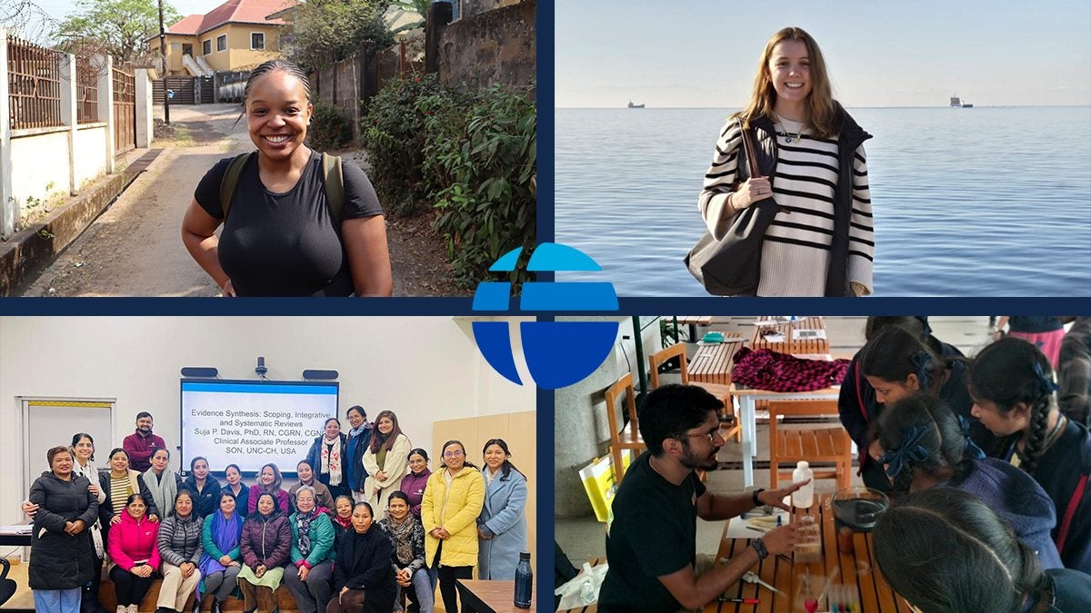 Four-photo collage: Gina Adatsi smiling and posing on small street in a Sierra Leone neighborhood. Group of nursing professionals and students posing for a group photo in a classroom at a university in Nepal. A researcher, Abel Abraham, speaking to students at a booth at a university about his research. Katherine Eltz standing in front of a waterfront in Greece.