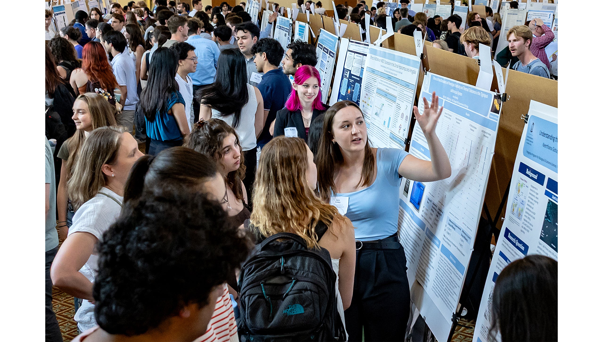 A Carolina student explains her research at a poster session during the Celebration of Undergraduate Research
