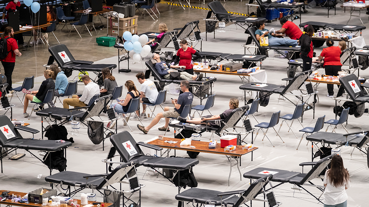 Large group of people donating blood.