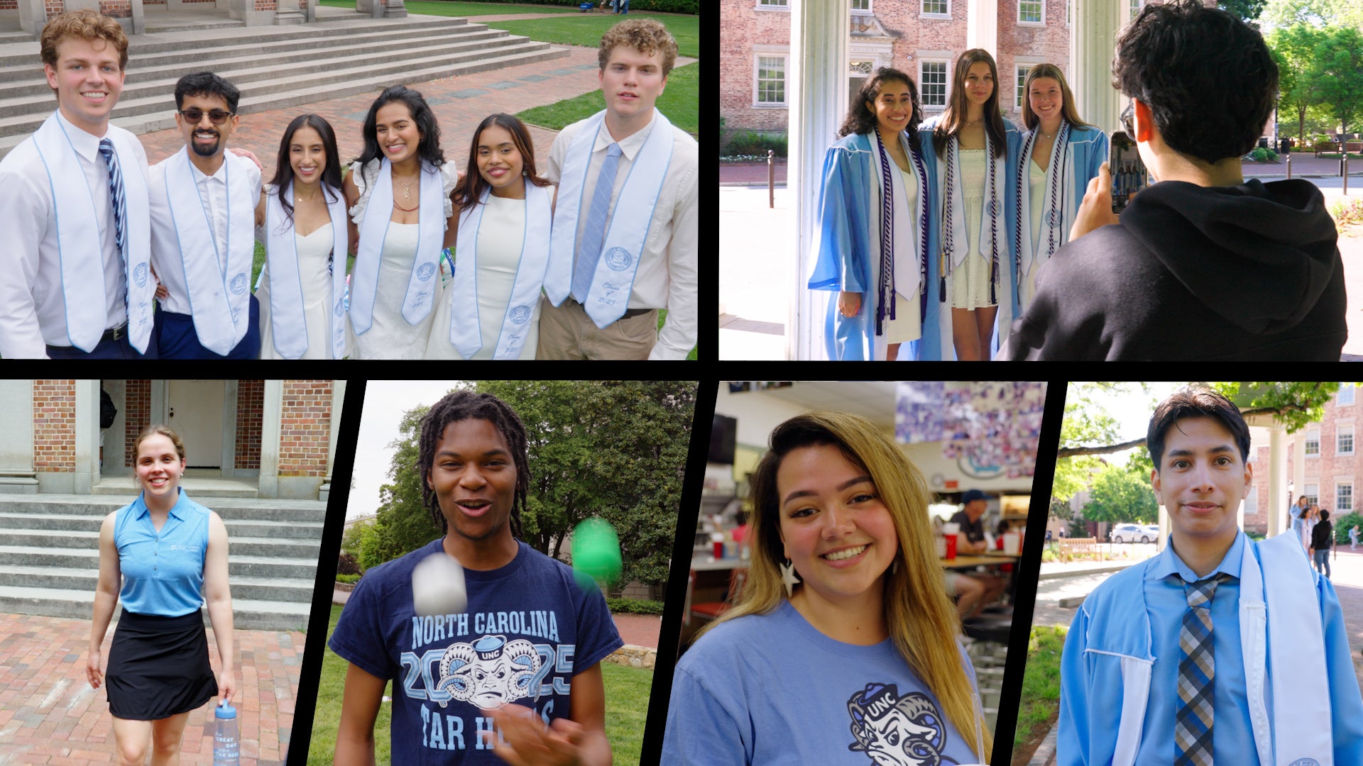 Compilation of graduates standing on Carolina's campus.